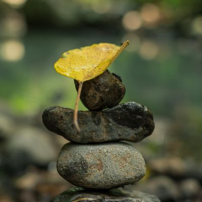 Zen stone stack in a peaceful garden setting